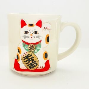 Maneki Neko Lucky Cat Tea Coffee Mug 10oz Red & White Cat Japan